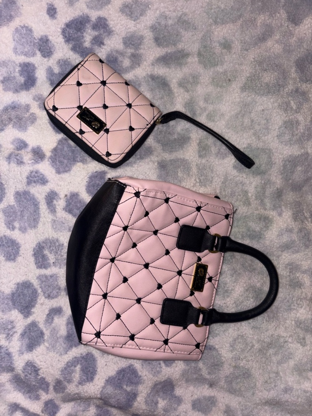 Betsey Johnson Pink and Black Quilted Satchel with Wristlet